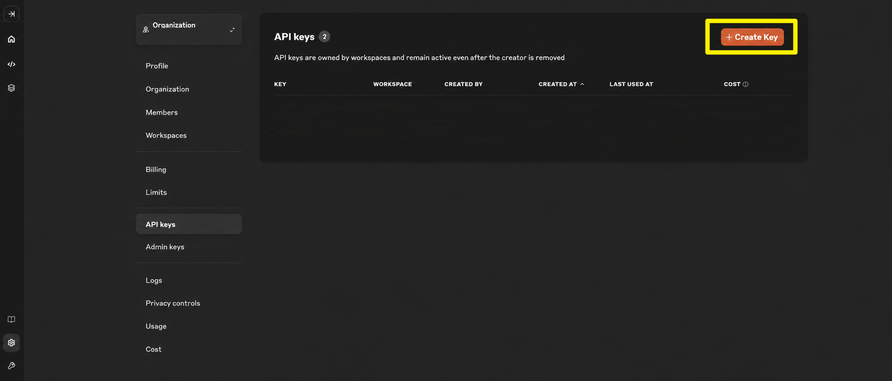 API keys 頁面，點 Create Key
