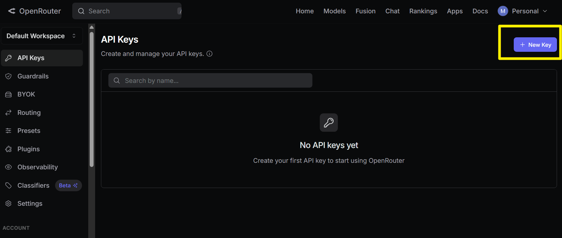 OpenRouter API Keys 頁面，點 New Key
