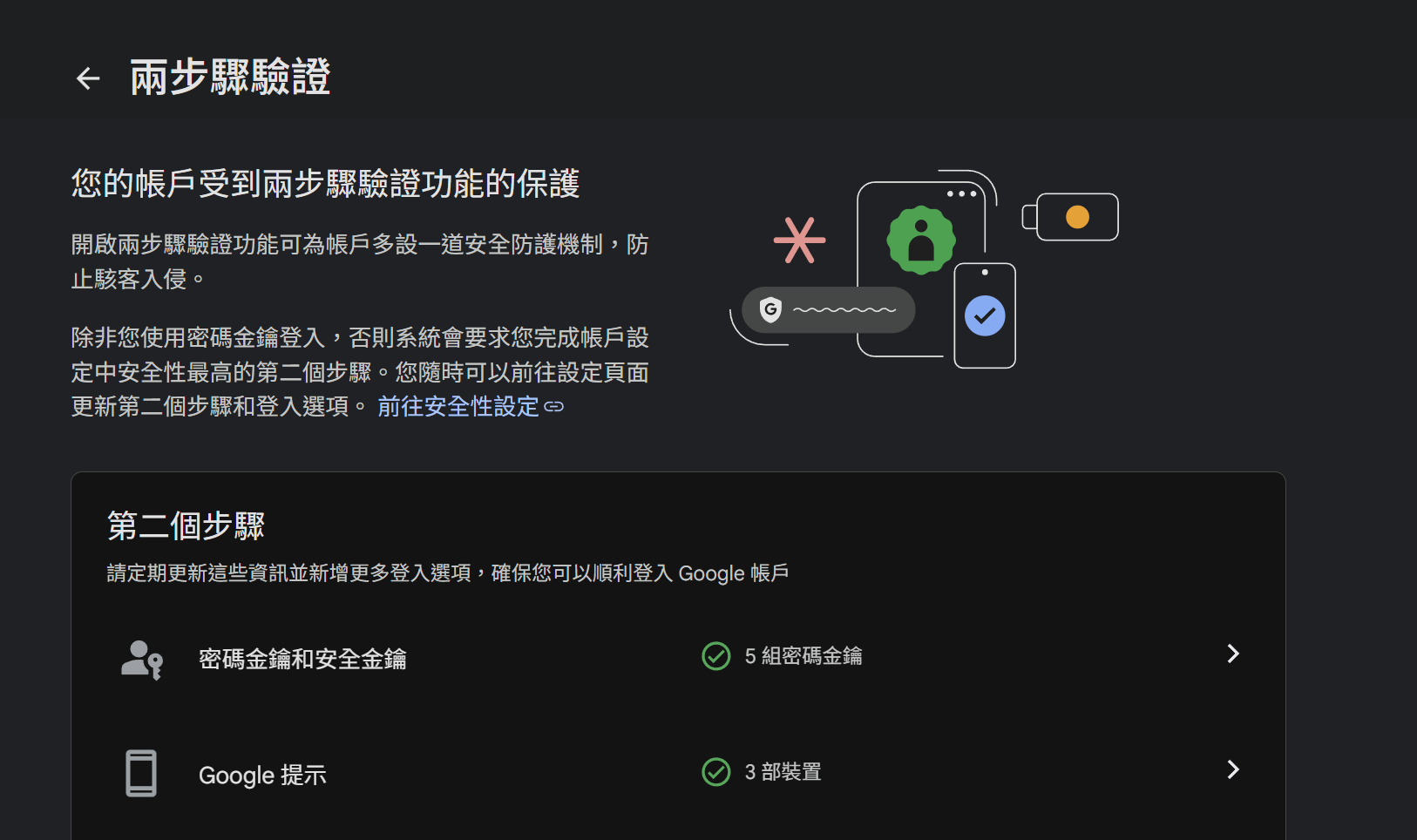 Google 兩步驟驗證設定頁