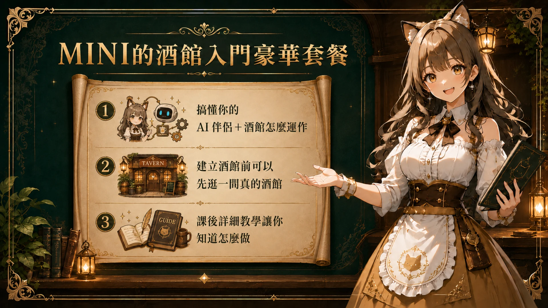 課程地圖:搞懂 AI 伴侶與酒館怎麼運作、建立前先逛真實酒館、課後詳細教學三大段