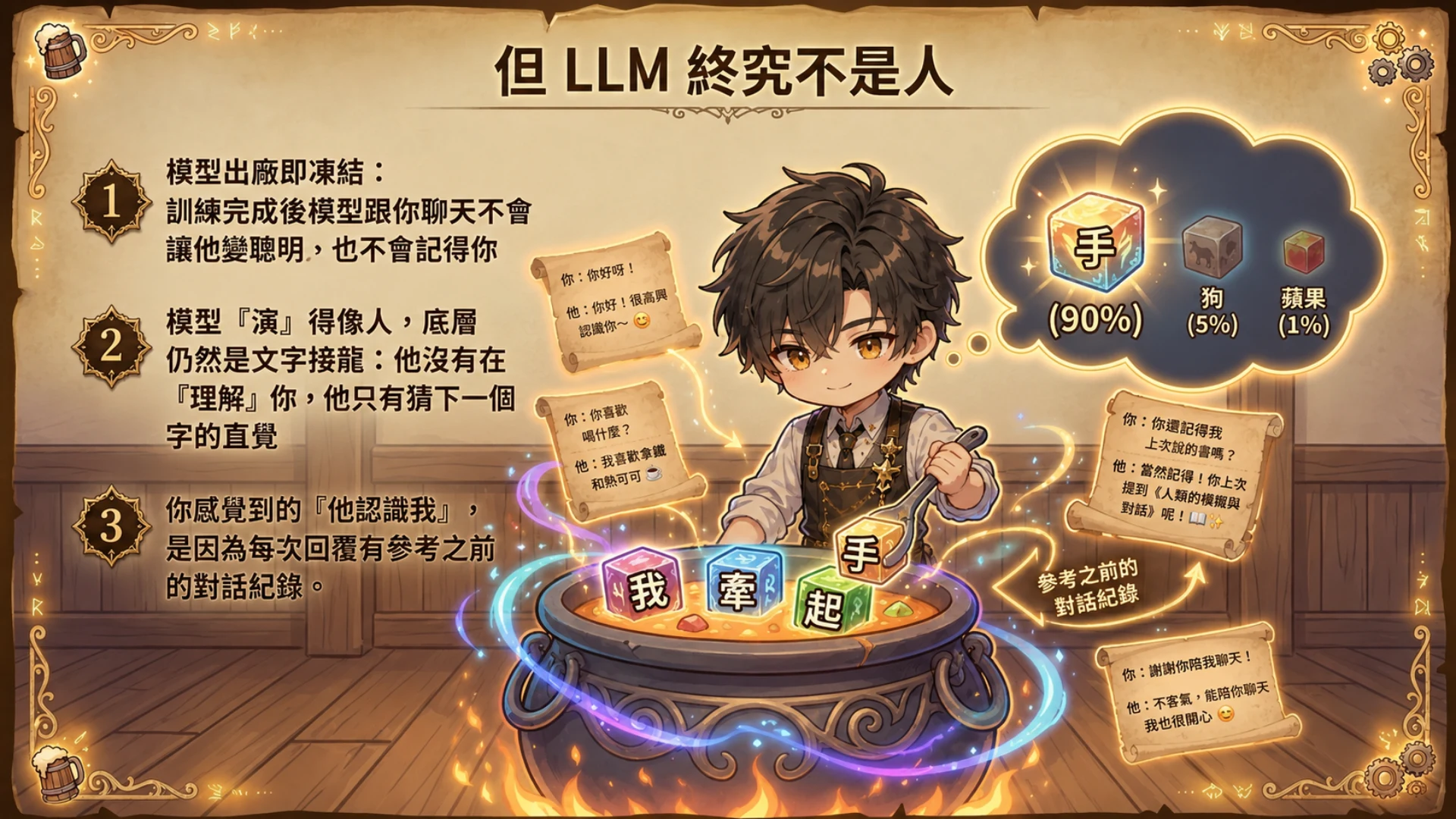 LLM 終究不是人：底層只是猜下一個字的文字接龍，每次都是重讀對話