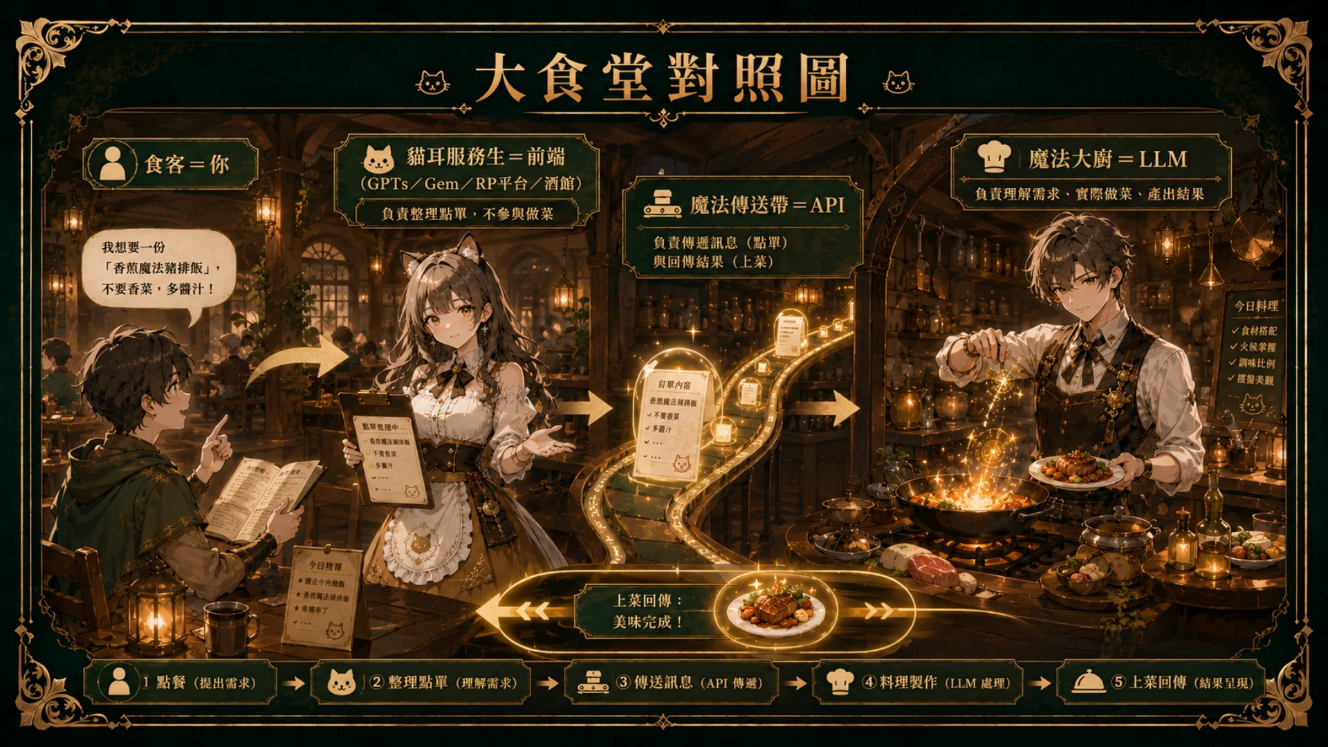 大食堂對照圖:食客(你)、服務生(前端)、魔法傳送帶(API)、魔法大廚(LLM)