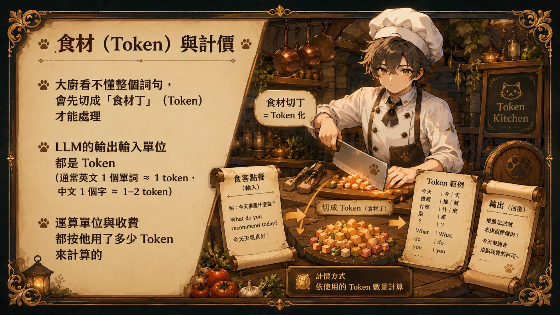 食材(Token)與計價:大廚把文字切成 Token 才能處理,輸入輸出與費用都用 Token 計算