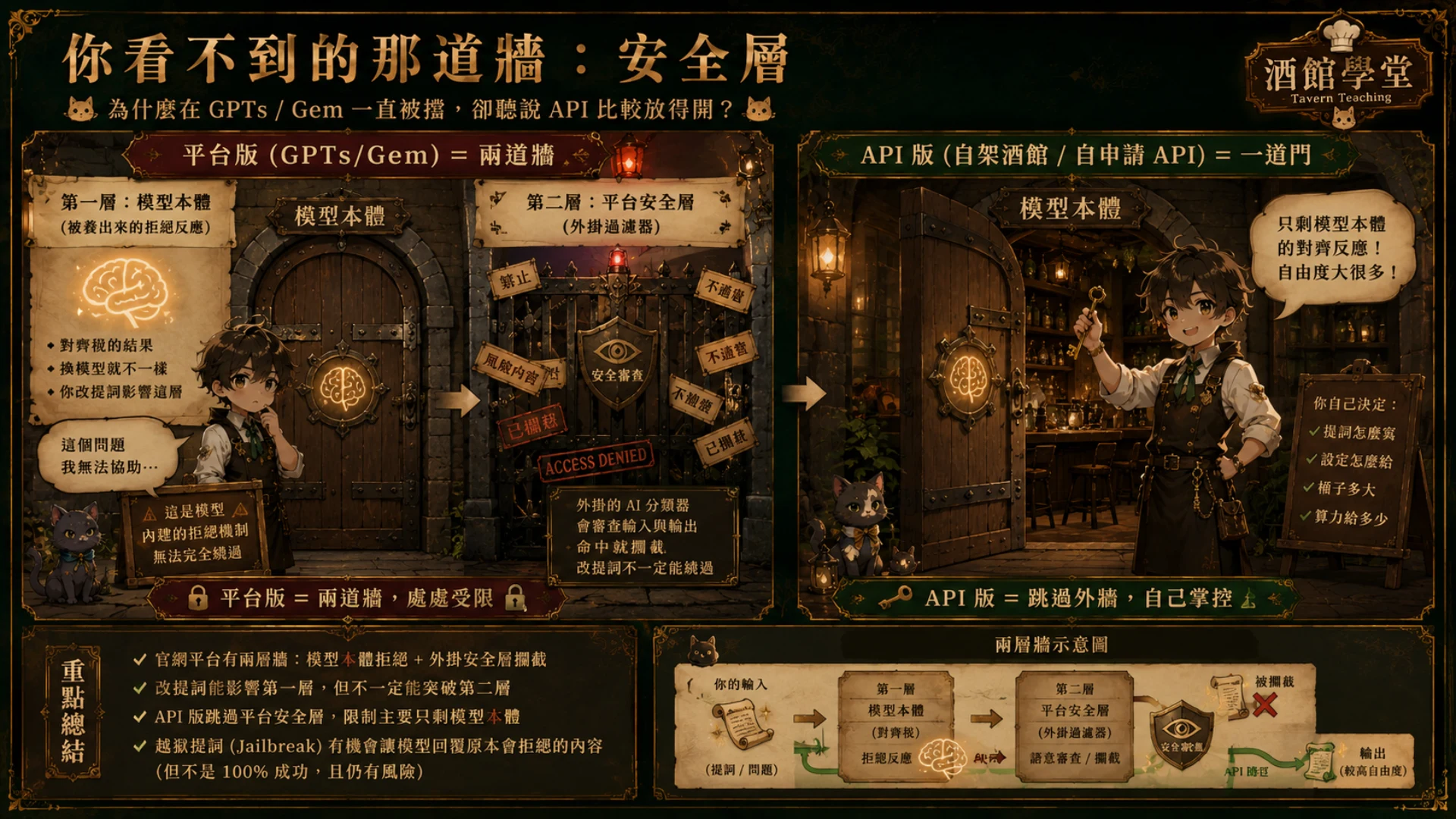 你看不到的那道牆：平台版有兩道門（對齊稅＋安全分類器），API 版只剩一道